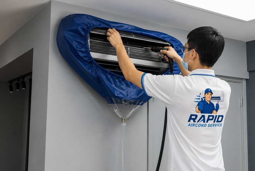 Aircond cleaning service on a wall-mounted indoor unit