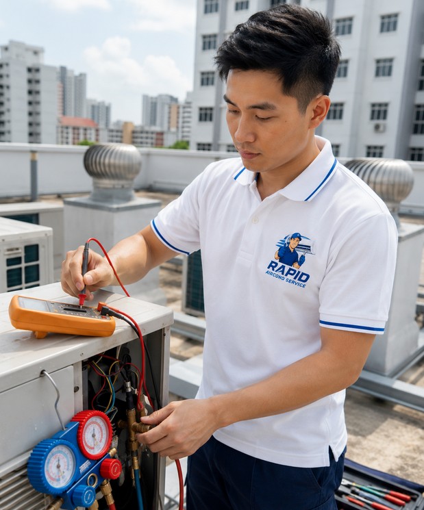 Technician checking refrigerant gas pressure during a gas top-up