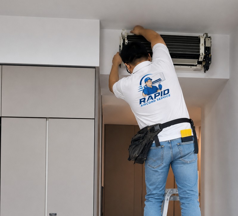 Technician installing a wall-mounted air conditioner