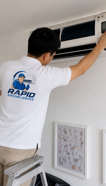 Rapid Aircond Service technician servicing a wall-mounted air conditioner in a Malaysian home