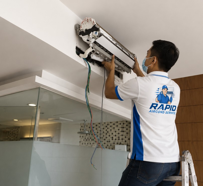 Technician carrying out an aircond inspection and health check