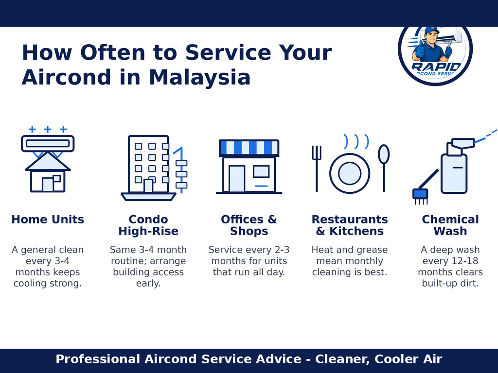 Aircond servicing schedule for Malaysian homes and businesses infographic