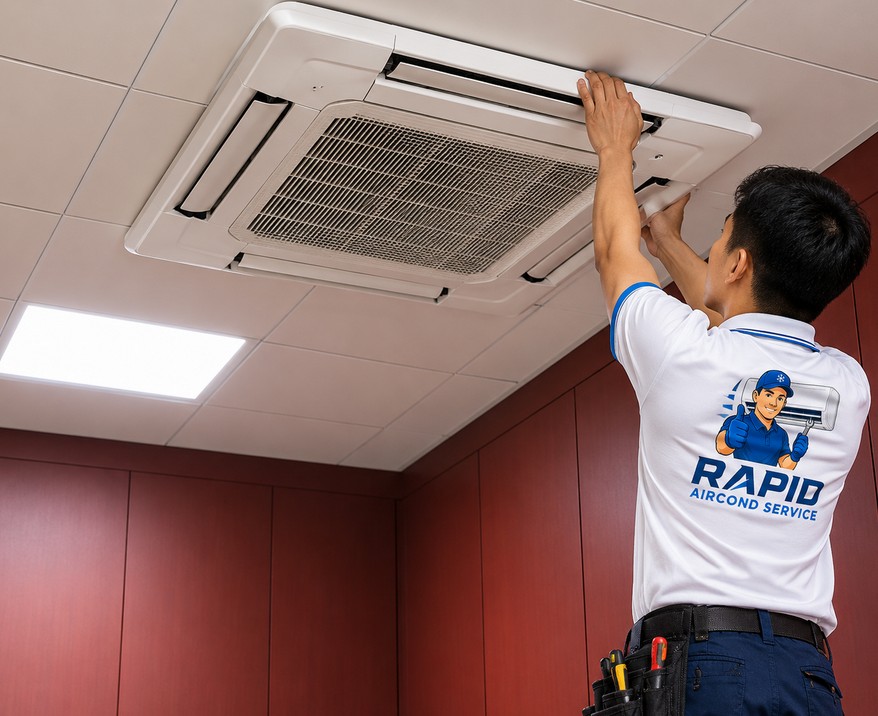 Routine maintenance on a ceiling cassette aircond